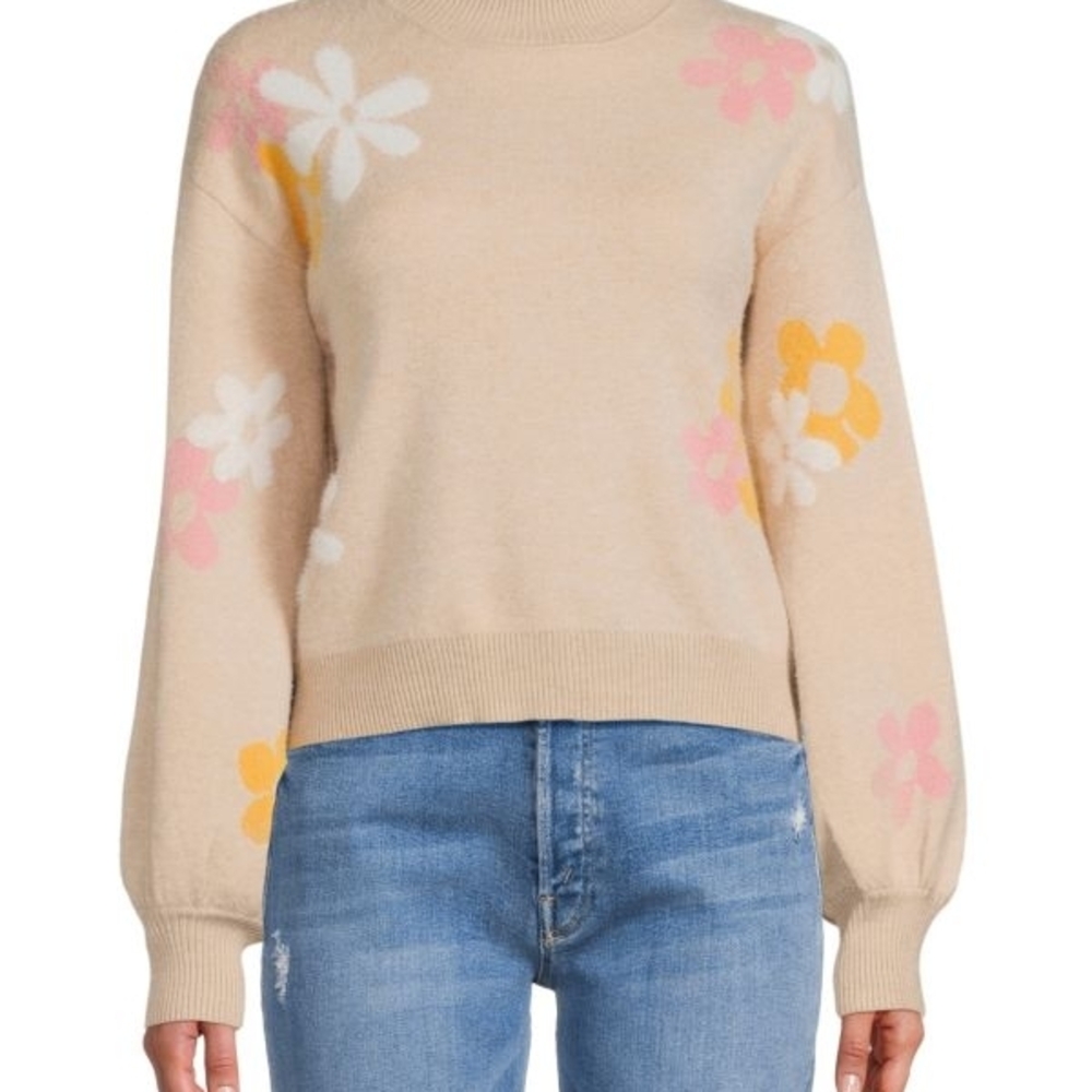 For The Republic Beige Floral Turtleneck‎ Sweater